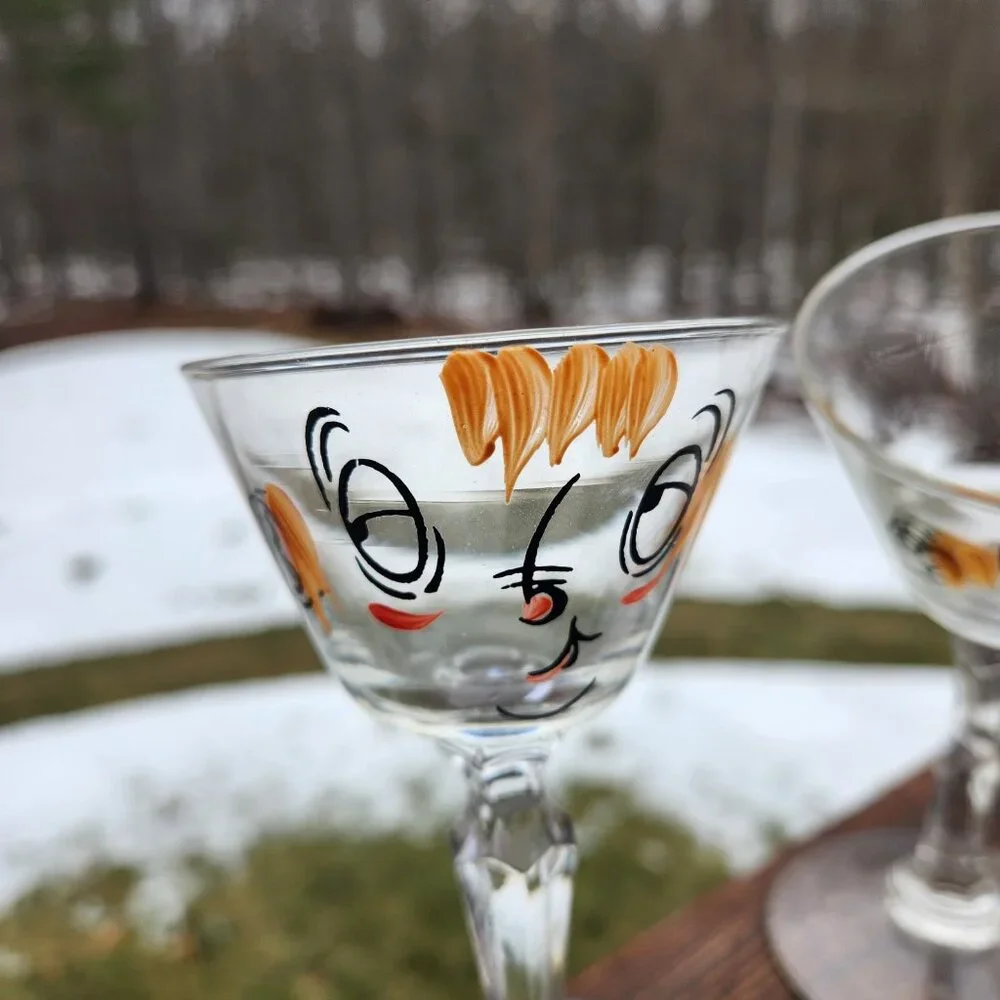 4 Vintage Gay Fad Beau Brummel Novelty Tipsy Martini Barware Cocktail Bar Glass